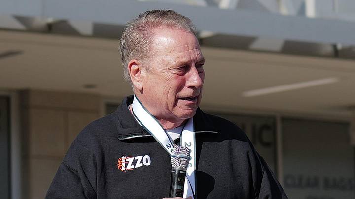 Tom Izzo, MSU's basketball coach, gets the crowd of over 9,000 people going at the Izzo Run/Walk/Roll, 5K event Sunday, April 26, 2026.