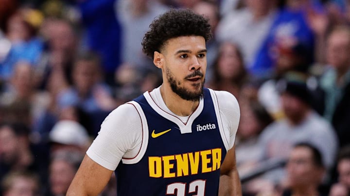 Dec 22, 2025; Denver, Colorado, USA; Denver Nuggets forward Cameron Johnson (23) in the second quarter against the Utah Jazz at Ball Arena.