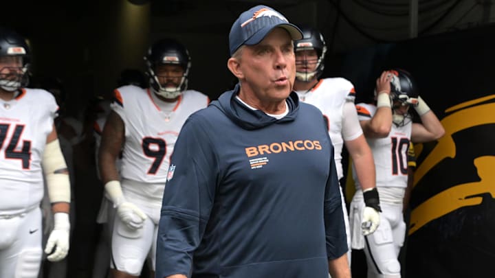 Sep 21, 2025; Inglewood, California, USA; Denver Broncos head coach Sean Payton leads his film on to the field for the game against the Los Angeles Chargers at SoFi Stadium. Sep 21, 2025; Inglewood, California, USA; Denver Broncos head coach Sean Payton leads his film on to the field for the game against the Los Angeles Chargers at SoFi Stadium.