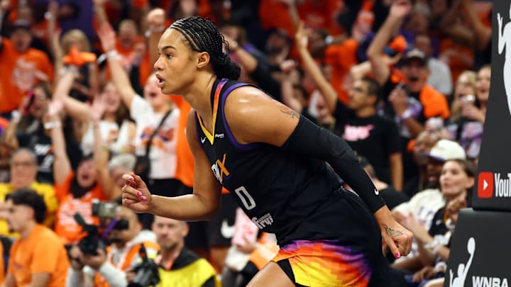 Oct 8, 2025; Phoenix, Arizona, USA; Phoenix Mercury forward Satou Sabally (0) against the Las Vegas Aces during game three of the 2025 WNBA Finals at PHX Arena. Mandatory Credit: Mark J. Rebilas-Imagn Images