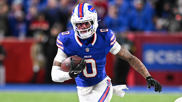 Buffalo Bills wide receiver Keon Coleman (0) runs with the ball in the second half against the Kansas City Chiefs at Highmark Stadium.