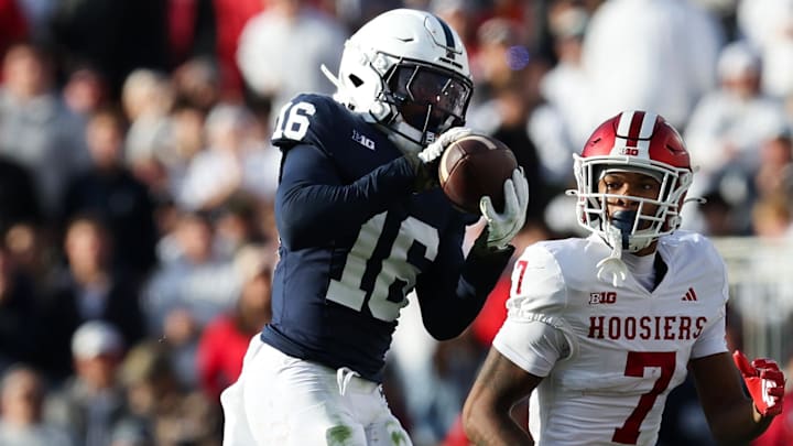 Nov 8, 2025; University Park, Pennsylvania, USA; Penn State Nittany Lions safety King Mack (16) intercepts the ball during the fourth quarter against the Indiana Hoosiers at Beaver Stadium. Mandatory Credit: Matthew O'Haren-Imagn Images