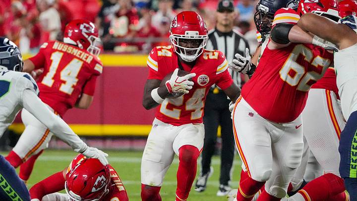 Aug 28, 2026; Kansas City, Missouri, USA; Kansas City Chiefs running back Brashard Smith (24) runs the ball against the Seattle Seahawks during the second half of the game at Arrowhead Stadium. Mandatory Credit: Denny Medley-Imagn Images Aug 28, 2026; Kansas City, Missouri, USA; Kansas City Chiefs running back Brashard Smith (24) runs the ball against the Seattle Seahawks during the second half of the game at Arrowhead Stadium. Mandatory Credit: Denny Medley-Imagn Images