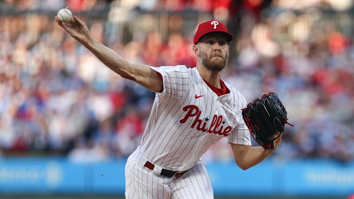 May 29, 2025; Philadelphia, Pennsylvania, USA; Philadelphia Phillies pitcher Zack Wheeler (45) throws a pitch against the Atlanta Braves during the third inning at Citizens Bank Park.