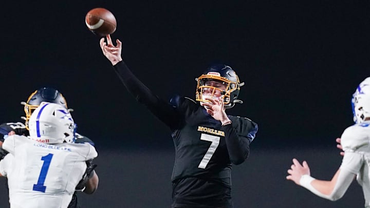 Moeller Crusaders quarterback Matt Ponatoski (7) throws a pass in the second half of a Division I regional semifinal high school football game between the St. Xavier Bombers and Moeller Crusaders, Friday, Nov. 14, 2025, at Welcome Stadium in Dayton, Oh. Bombers won 17-13. Moeller Crusaders quarterback Matt Ponatoski (7) throws a pass in the second half of a Division I regional semifinal high school football game between the St. Xavier Bombers and Moeller Crusaders, Friday, Nov. 14, 2025, at Welcome Stadium in Dayton, Oh. Bombers won 17-13.