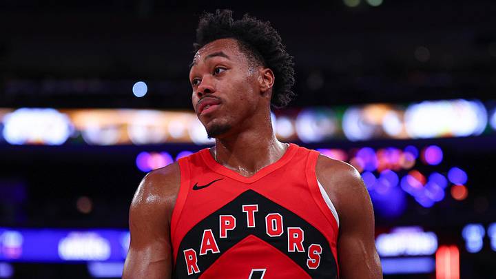 Oct 15, 2026; New York, New York, USA;  Toronto Raptors small forward Scottie Barnes (4) reacts during the first half against the New York Knicks at Madison Square Garden.  Mandatory Credit: Vincent Carchietta-Imagn Images