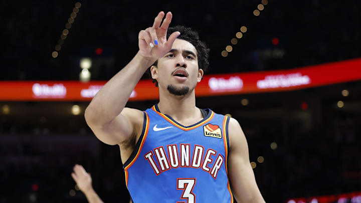 Mar 9, 2026; Oklahoma City, Oklahoma, USA; Oklahoma City Thunder guard Jared McCain (3) gestures after scoring against the Denver Nuggets during the second half at Paycom Center. Mandatory Credit: Alonzo Adams-Imagn Images Mar 9, 2026; Oklahoma City, Oklahoma, USA; Oklahoma City Thunder guard Jared McCain (3) gestures after scoring against the Denver Nuggets during the second half at Paycom Center. Mandatory Credit: Alonzo Adams-Imagn Images
