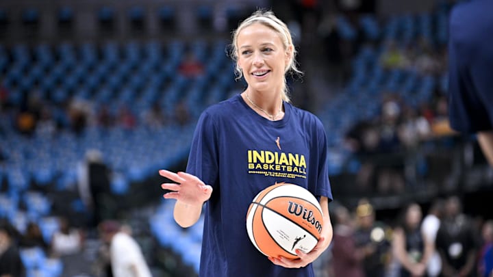 Aug 1, 2025; Dallas, Texas, USA; Indiana Fever guard Sophie Cunningham (8) warms up before the game against the Dallas Wings at the American Airlines Center. Mandatory Credit: Jerome Miron-Imagn Images