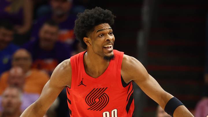 Apr 14, 2026; Phoenix, Arizona, USA; Portland Trail Blazers guard Scoot Henderson (00) reacts against the Phoenix Suns in the first half during the play-in rounds of the 2026 NBA Playoffs at Mortgage Matchup Center. Mandatory Credit: Mark J. Rebilas-Imagn Images Apr 14, 2026; Phoenix, Arizona, USA; Portland Trail Blazers guard Scoot Henderson (00) reacts against the Phoenix Suns in the first half during the play-in rounds of the 2026 NBA Playoffs at Mortgage Matchup Center. Mandatory Credit: Mark J. Rebilas-Imagn Images