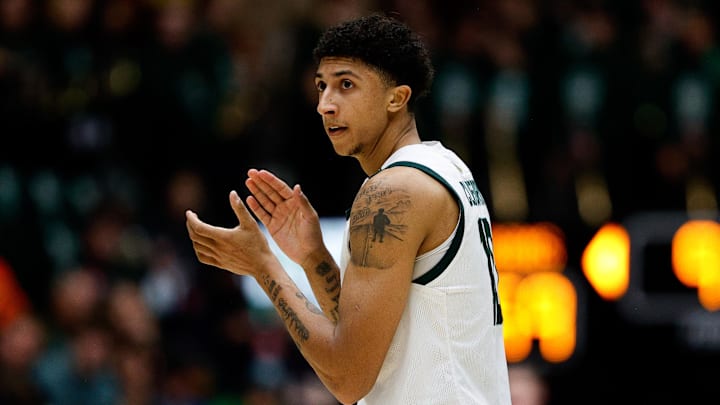 Feb 15, 2025; Fort Collins, Colorado, USA; Colorado State Rams guard Nique Clifford (10) reacts after a play in the second half against the Wyoming Cowboys at Moby Arena. Mandatory Credit: Isaiah J. Downing-Imagn Images