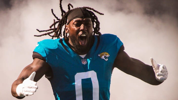 Jacksonville Jaguars linebacker Devin Lloyd (0) enters the stadium before an NFL football game at EverBank Stadium, Sunday, Dec. 14, 2025, in Jacksonville, Fla. [Doug Engle/Florida Times-Union]