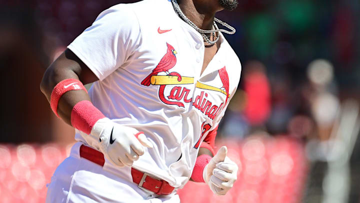 Aug 28, 2025; St. Louis, Missouri, USA; St. Louis Cardinals right fielder Jordan Walker (18) rounds the bases after hitting a two-run home run in the seventh inning against the Pittsburgh Pirates at Busch Stadium. Mandatory Credit: Tim Vizer-Imagn Images