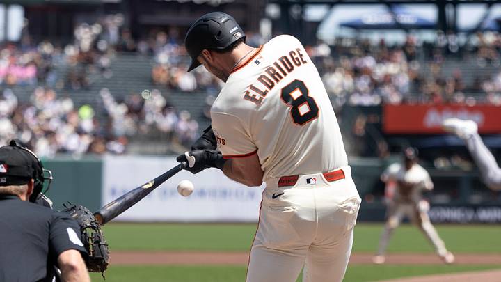 San Francisco Giants first baseman Bryce Eldridge (8) connects for an RBI single.  Credit: D. Ross Cameron-Imagn Images