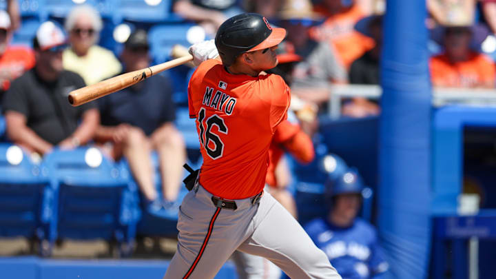 Mar 13, 2025; Dunedin, Florida, USA; Baltimore Orioles third baseman Coby Mayo (16) doubles against the Toronto Blue Jays in the second inning during spring training at TD Ballpark. Mar 13, 2025; Dunedin, Florida, USA; Baltimore Orioles third baseman Coby Mayo (16) doubles against the Toronto Blue Jays in the second inning during spring training at TD Ballpark.