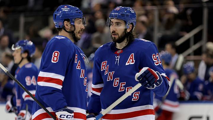 Mar 2, 2026; New York, New York, USA; New York Rangers left wing J.T. Miller (8) talks to center Mika Zibanejad (93) during the third period against the Columbus Blue Jackets at Madison Square Garden. Mandatory Credit: Brad Penner-Imagn Images