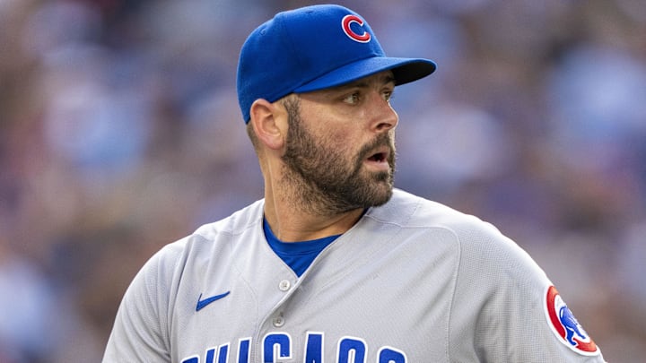 Aug 12, 2023; Toronto, Ontario, CAN; Chicago Cubs relief pitcher Michael Fulmer (32) looks on against the Toronto Blue Jays during the sixth inning at Rogers Centre