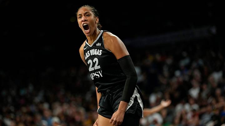 Jul 12, 2026; Las Vegas, Nevada, USA; Las Vegas Aces center A'ja Wilson (22) reacts after scoring against the Indiana Fever during the third quarter of a WNBA basketball game at Michelob Ultra Arena. Mandatory Credit: Lucas Peltier-Imagn Images