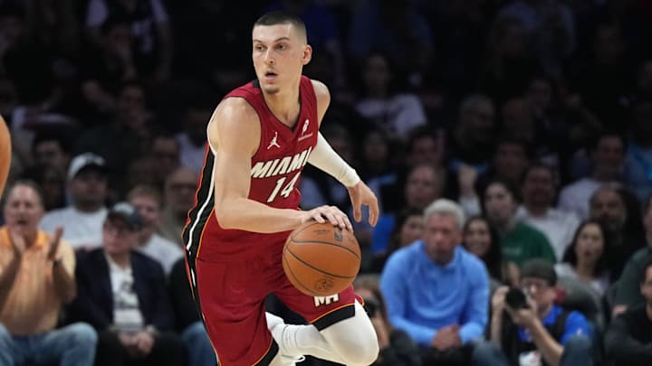 Nov 24, 2025; Miami, Florida, USA; Miami Heat guard Tyler Herro (14) brings the ball up the court against the Dallas Mavericks in the first half at Kaseya Center. Mandatory Credit: Jim Rassol-Imagn Images Nov 24, 2025; Miami, Florida, USA; Miami Heat guard Tyler Herro (14) brings the ball up the court against the Dallas Mavericks in the first half at Kaseya Center. Mandatory Credit: Jim Rassol-Imagn Images