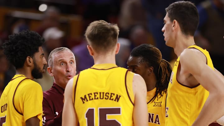Jan 10, 2026; Tempe, Arizona, USA; Arizona State Sun Devils head coach Bobby Hurley in the huddle with his players against the Kansas State Wildcats in the first half at Desert Financial Arena. Mandatory Credit: Mark J. Rebilas-Imagn Images