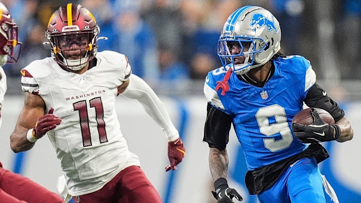 Detroit Lions wide receiver Jameson Williams (9) runs against Washington Commanders during the first half of the NFC divisional round at Ford Field in Detroit on Saturday, Jan. 18, 2025.