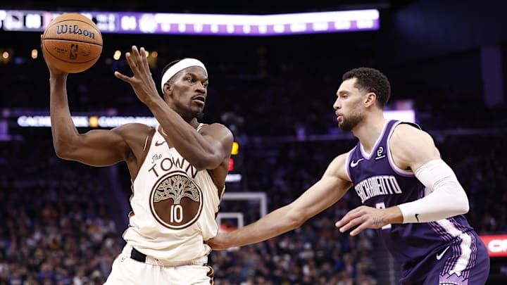 Jan 9, 2026; San Francisco, California, USA; Golden State Warriors forward Jimmy Butler III (10) controls the ball against Sacramento Kings guard Zach LaVine (8) during the third quarter at Chase Center. Jan 9, 2026; San Francisco, California, USA; Golden State Warriors forward Jimmy Butler III (10) controls the ball against Sacramento Kings guard Zach LaVine (8) during the third quarter at Chase Center.