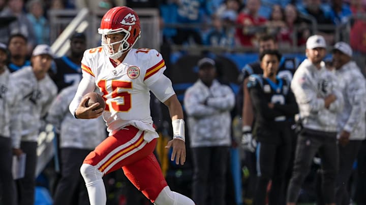 Kansas City Chiefs quarterback Patrick Mahomes (15) runs for yardage during the second quarter against the Carolina Panthers