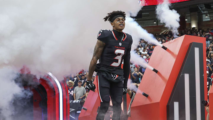 Dec 15, 2024; Houston Texans wide receiver Tank Dell (3) runs onto the field before the game against the Miami Dolphins at NRG Stadium. Mandatory Credit: Troy Taormina-Imagn Images