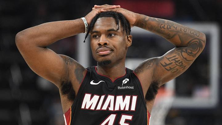 Miami Heat point guard Davion Mitchell (45) reacts  (Mandatory Credit: Matthew Smith-Imagn Images)