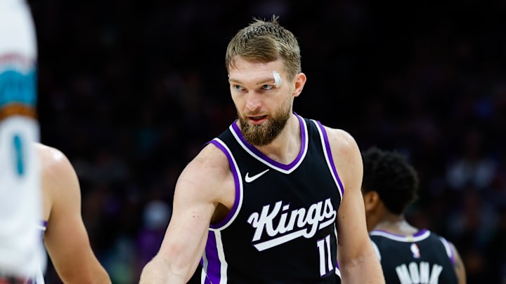 Mar 17, 2025; Sacramento, California, USA; Sacramento Kings forward Domantas Sabonis (11) looks on after a play during the second quarter against the Memphis Grizzlies at Golden 1 Center.