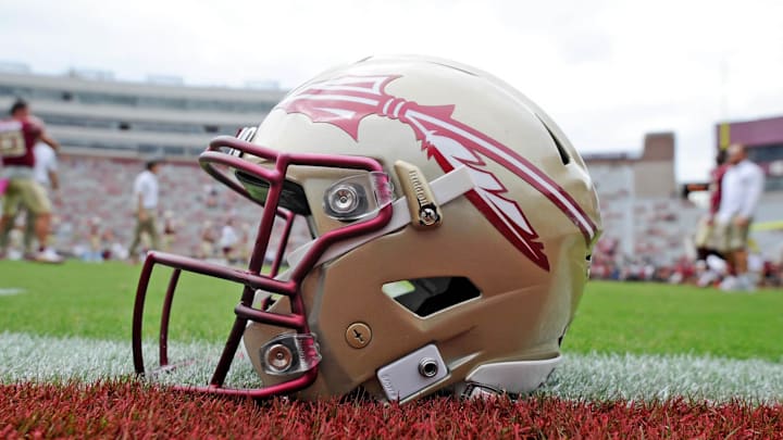 Oct 7, 2017; Tallahassee, FL, USA; View of a Florida State Seminoles helmet on the field before the game against the Miami Hurricanes at Doak Campbell Stadium. Mandatory Credit: Melina Vastola-Imagn Images