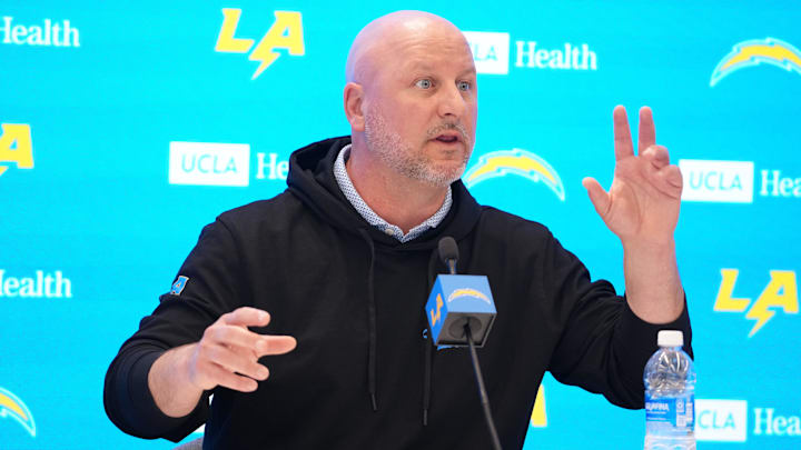 Apr 17, 2025; El Segundo, CA, USA; Los Angeles Chargers general manager Joe Hortiz at press conference at The Bolt. Mandatory Credit: Kirby Lee-Imagn Images