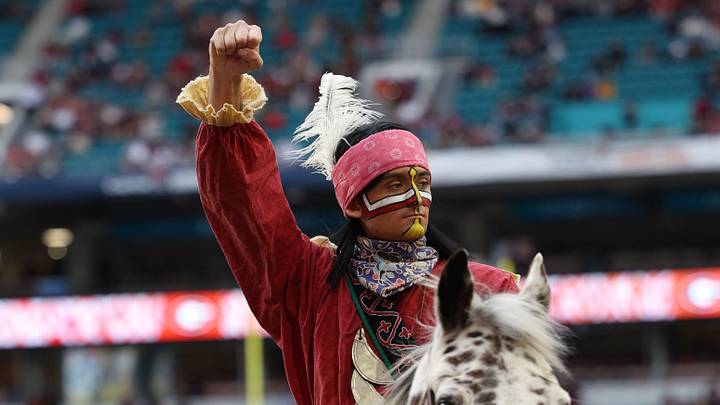 Dec 30, 2023; Miami Gardens, FL, USA; Florida State Seminoles mascot Chief Osceola and Renegade take the field before the game in the 2023 Orange Bowl against the Georgia Bulldogs at Hard Rock Stadium. Mandatory Credit: Nathan Ray Seebeck-USA TODAY Sports Dec 30, 2023; Miami Gardens, FL, USA; Florida State Seminoles mascot Chief Osceola and Renegade take the field before the game in the 2023 Orange Bowl against the Georgia Bulldogs at Hard Rock Stadium. Mandatory Credit: Nathan Ray Seebeck-USA TODAY Sports