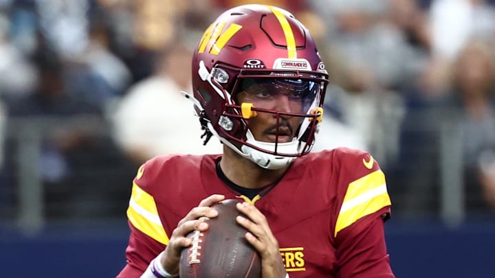 Oct 19, 2025; Arlington, Texas, USA; Washington Commanders quarterback Jayden Daniels (5) Mandatory Credit: Kevin Jairaj-Imagn Images