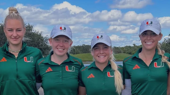 Some of the Miami Hurricanes Golf Team are taking a roster photo before the season gets underway