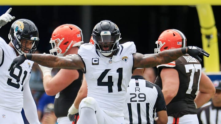 Jacksonville Jaguars defensive end Josh Hines-Allen (41) reacts to a tackle during the first quarter of an NFL football matchup Sunday, Sept. 15, 2024 at EverBank Stadium in Jacksonville, Fla. [Corey Perrine/Florida Times-Union]