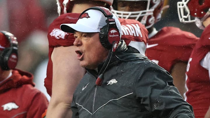Arkansas Razorbacks interim head coach Bobby Petrino argues a call during the second quarter against the Missouri Tigers at Razorback Stadium. Arkansas Razorbacks interim head coach Bobby Petrino argues a call during the second quarter against the Missouri Tigers at Razorback Stadium.
