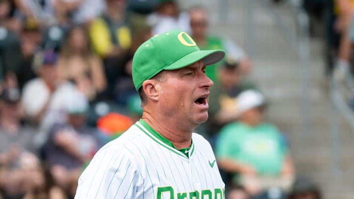 Oregon coach Mark Wasikowski comes out from the dugout to dispute a call as the Oregon Ducks host the Washington Huskies on May 10, 2025, at PK Park in Eugene.