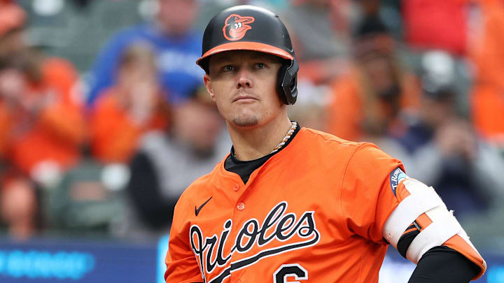 Apr 12, 2025; Baltimore, Maryland, USA; Baltimore Orioles first base Ryan Mountcastle (6) strikes out during the fifth inning against the Toronto Blue Jays at Oriole Park at Camden Yards