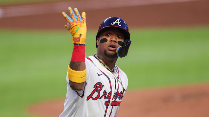 Sep 22, 2025; Atlanta, Georgia, USA; Atlanta Braves right fielder Ronald Acuna Jr. (13) celebrates after a home run against the Washington Nationals in the first inning at Truist Park. Mandatory Credit: Brett Davis-Imagn Images
