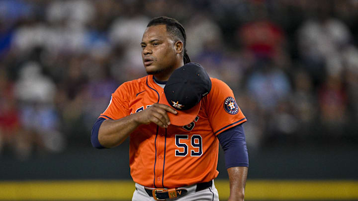Sep 7, 2025; Arlington, Texas, USA; Houston Astros starting pitcher Framber Valdez (59) walks off the field during the game between the Texas Rangers and the Houston Astros at Globe Life Field. Mandatory Credit: Jerome Miron-Imagn Images Sep 7, 2025; Arlington, Texas, USA; Houston Astros starting pitcher Framber Valdez (59) walks off the field during the game between the Texas Rangers and the Houston Astros at Globe Life Field. Mandatory Credit: Jerome Miron-Imagn Images