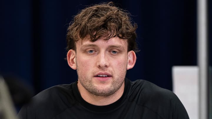 Feb 26, 2026; Indianapolis, IN, USA; Tennessee tight end Miles Kitselman (TE12) speaks to members of the media during the NFL Combine at the Indiana Convention Center. Mandatory Credit: Jacob Musselman-Imagn Images
