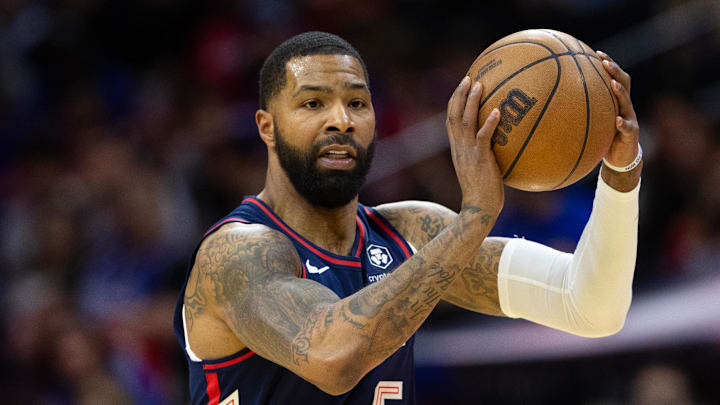 Feb 3, 2024; Philadelphia, Pennsylvania, USA; Philadelphia 76ers forward Marcus Morris Sr. (5) in a game against the Brooklyn Nets during the first quarter at Wells Fargo Center. Mandatory Credit: Bill Streicher-Imagn Images