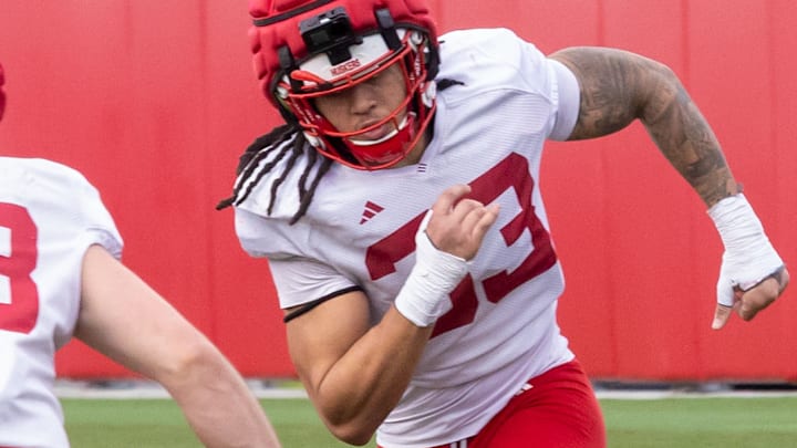 Linebacker Owen Chambliss, who followed new defensive coordinator Rob Aurich to Nebraska from San Diego State, runs through drills during practice on March 10.