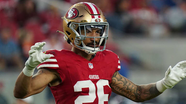 Aug 9, 2025; Santa Clara, California, USA;  San Francisco 49ers cornerback Chase Lucas (26) signals to the sideline in the fourth quarter during a game against the Denver Broncos at Levi's Stadium. Mandatory Credit: David Gonzales-Imagn Images