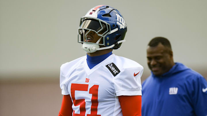 May 10, 2025; East Rutherford, NJ, USA; New York Giants linebacker Abdul Carter (51) during rookie minicamp at Quest Diagnostics Training Center. Mandatory Credit: John Jones-Imagn Images