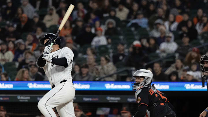 Apr 26, 2025; Detroit, Michigan, USA; Detroit Tigers first base Spencer Torkelson (20) hits a double to left field and drives in two runs in the seventh inning during game two of a double header against the Baltimore Orioles at Comerica Park. 