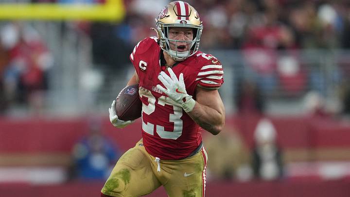 Dec 14, 2025; Santa Clara, California, USA; San Francisco 49ers running back Christian McCaffrey (23) runs with the ball during the fourth quarter against the Tennessee Titans at Levi's Stadium. Dec 14, 2025; Santa Clara, California, USA; San Francisco 49ers running back Christian McCaffrey (23) runs with the ball during the fourth quarter against the Tennessee Titans at Levi's Stadium.
