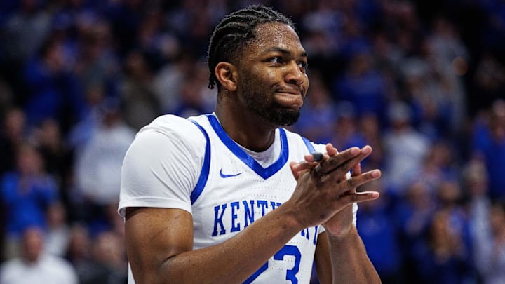 Feb 17, 2026; Lexington, Kentucky, USA; Kentucky Wildcats forward Mouhamed Dioubate (23) celebrates after getting fouled during the second half against the Georgia Bulldogs at Rupp Arena at Central Bank Center. Mandatory Credit: Jordan Prather-Imagn Images