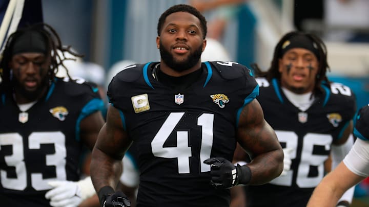 Jacksonville Jaguars defensive end Josh Hines-Allen (41) runs on the field before the game of an NFL football matchup Sunday, Nov. 10, 2024 at Everbank Stadium in Jacksonville, Fla. The Vikings defeated the Jaguars 12-7. [Corey Perrine/Florida Times-Union]