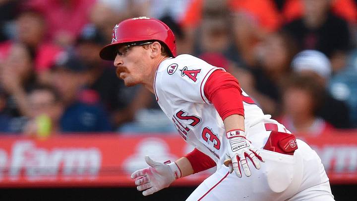 Los Angeles Angels left fielder Wade Meckler (53) hits a two run RBI Los Angeles Angels left fielder Wade Meckler (53) hits a two run RBI